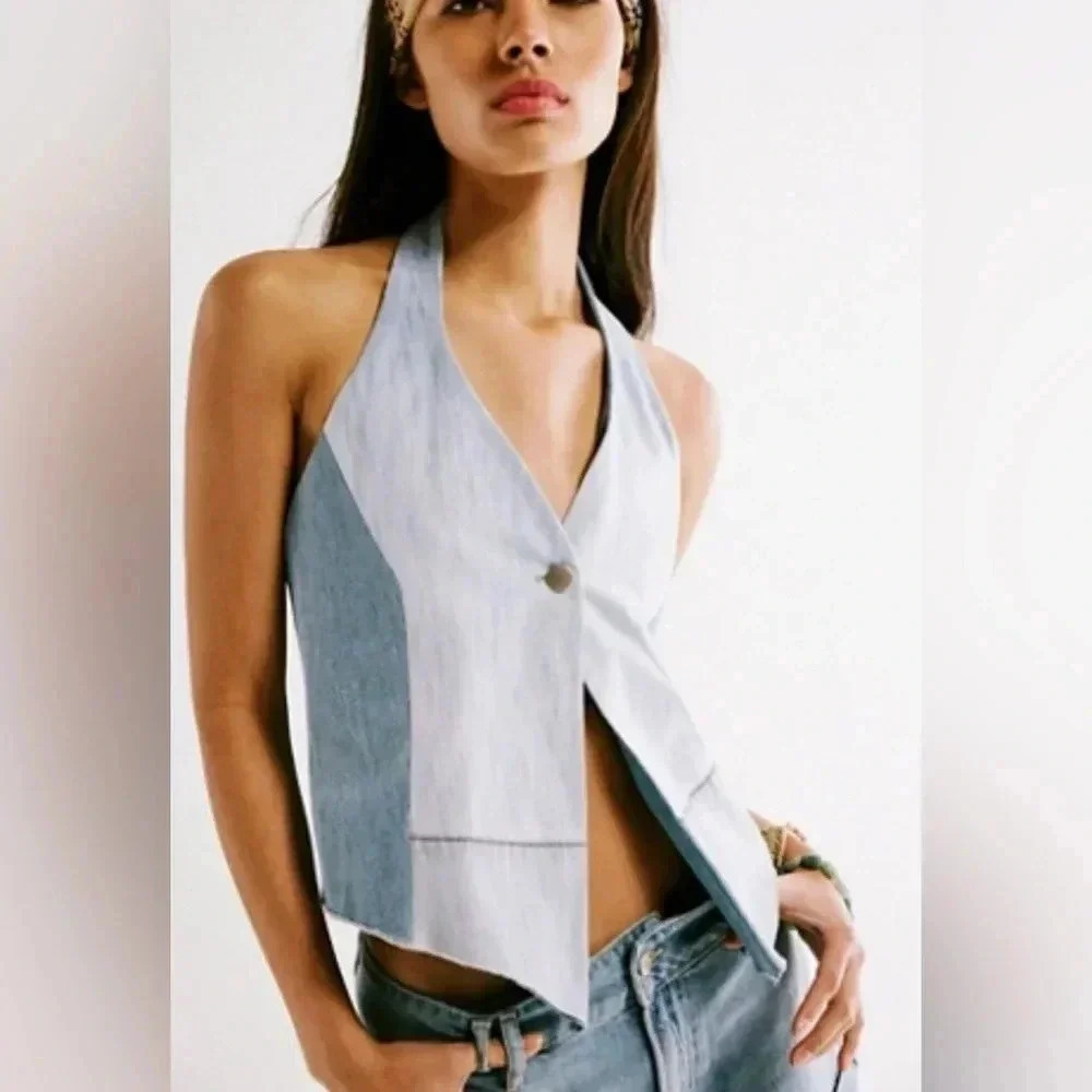 NWT Free People X TRICIA FIX Halter Denim Vest Repurposed Vintage Size XL‎